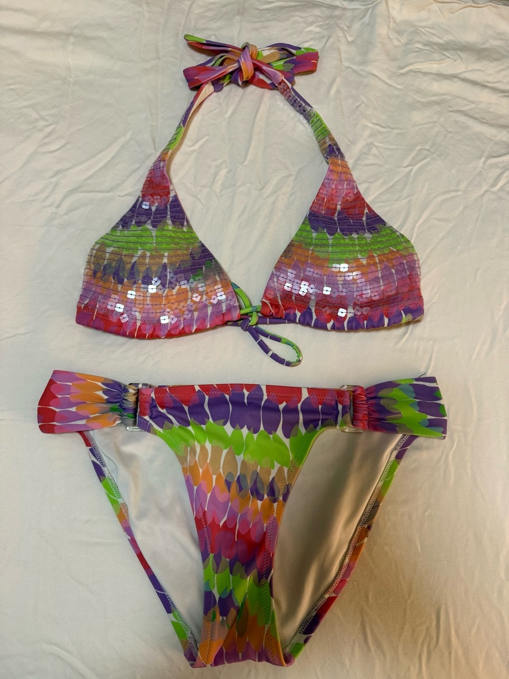 Vintage Y2K Victoria’s Secret Bikini Set Multicolor Sequin Tie Dye Halter S / M